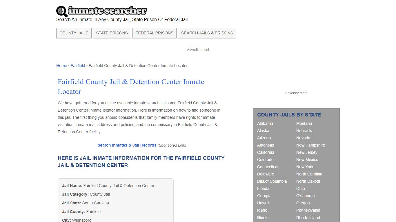 Fairfield County Jail & Detention Center Inmate Locator - Inmate Searcher